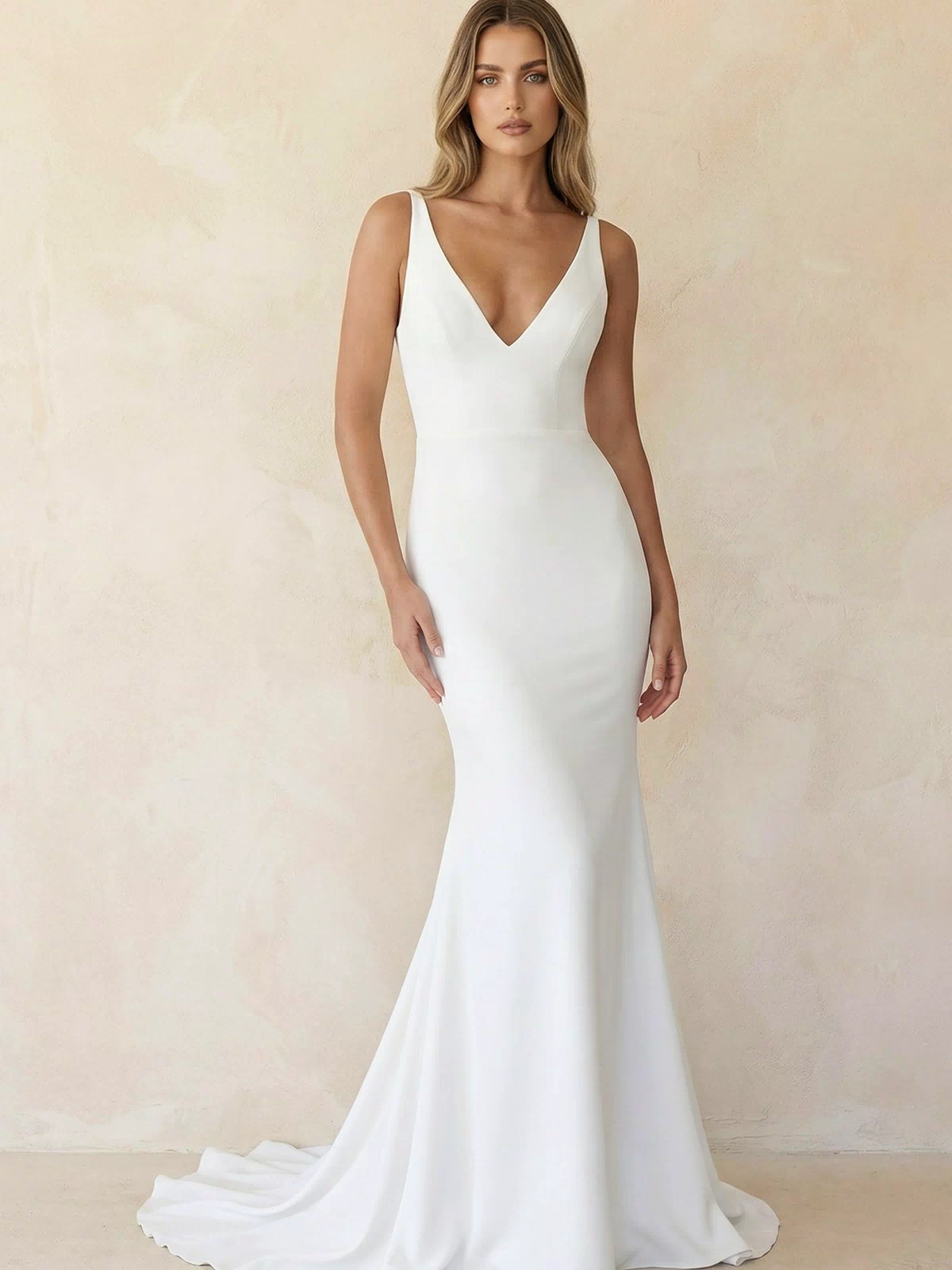 Elegant Mermaid V-Neck Elastic Satin Long Wedding Dresses