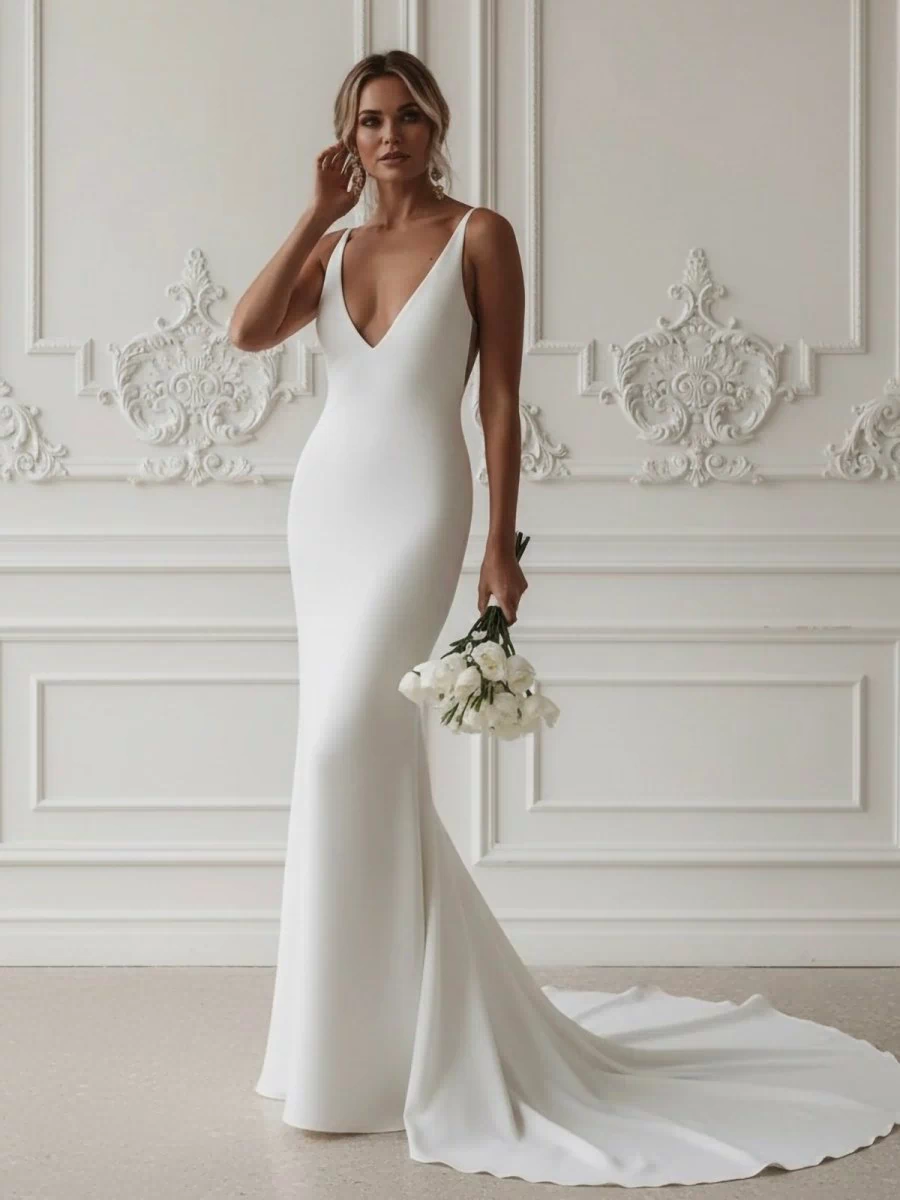 Elegant Mermaid V-Neck Elastic Satin Long Wedding Dresses – Wedding Dress by Kissprom | Available at KissProm
