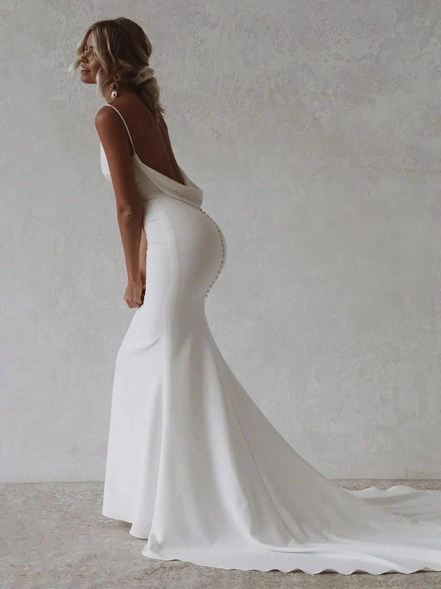 Elegant Mermaid V-Neck Elastic Satin Long Wedding Dresses – Wedding Dress by Kissprom | Available at KissProm
