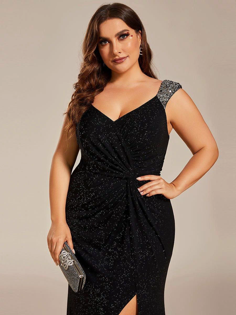Elegant Sequin V Neck High Slit Evening Dress #color_Black