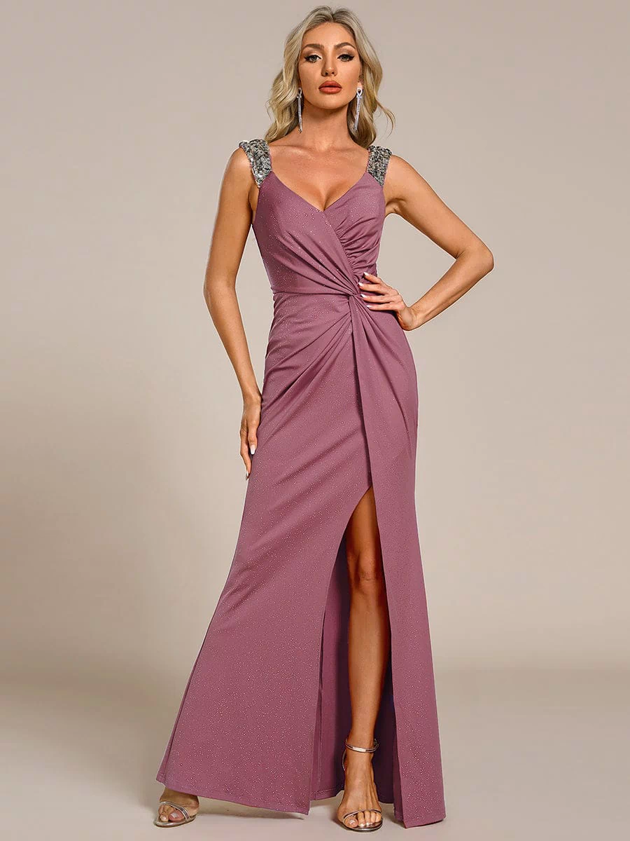 Elegant Sequin V Neck High Slit Evening Dress #color_Purple Orchid