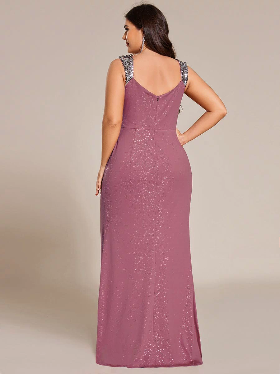 Elegant Sequin V Neck High Slit Evening Dress #color_Purple Orchid