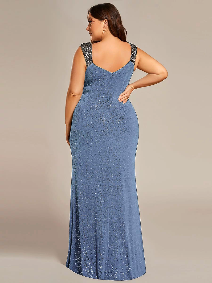 Elegant Sequin V Neck High Slit Evening Dress #color_Dusty Blue