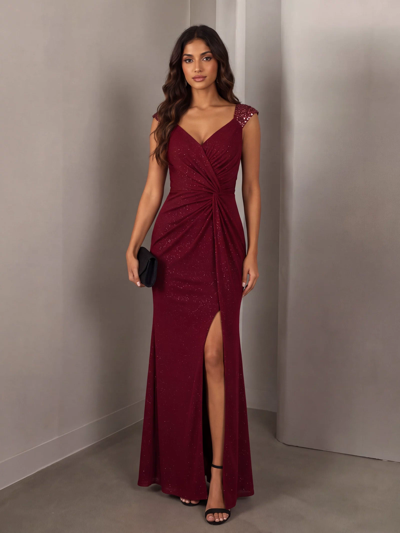 Elegant Sequin V Neck High Slit Evening Dress #color_Burgundy