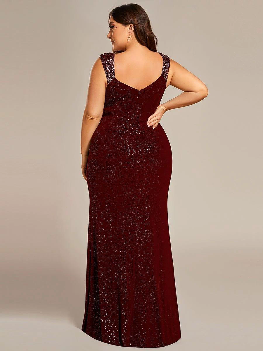 Elegant Sequin V Neck High Slit Evening Dress #color_Burgundy