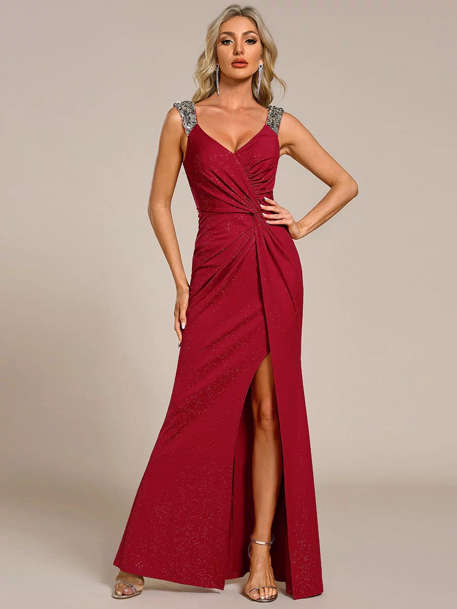 Elegant Sequin V Neck High Slit Evening Dress #color_Red