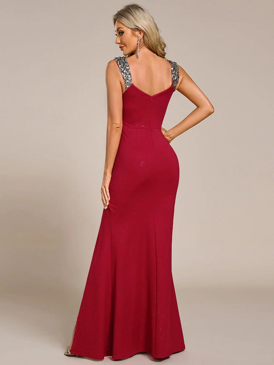 Elegant Sequin V Neck High Slit Evening Dress #color_Red