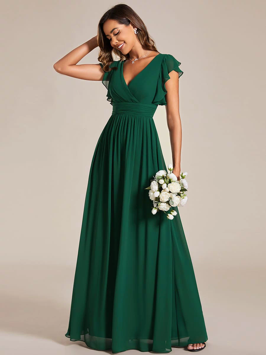 ever LILYANA|Elegant V-Neck Open Back Chiffon Bridesmaid Dress with Ruffled Sleeves