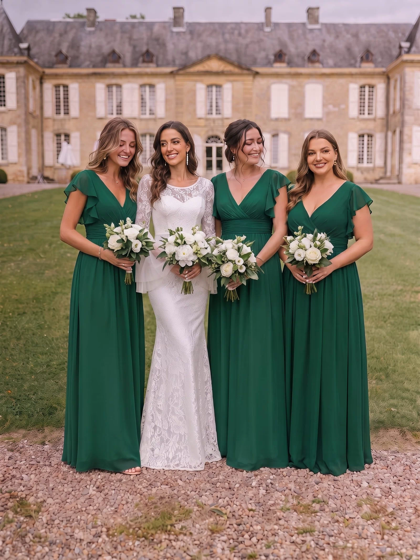 Elegant V-Neck Open Back Chiffon Bridesmaid Dress with Ruffled Sleeves #color_Dark Green