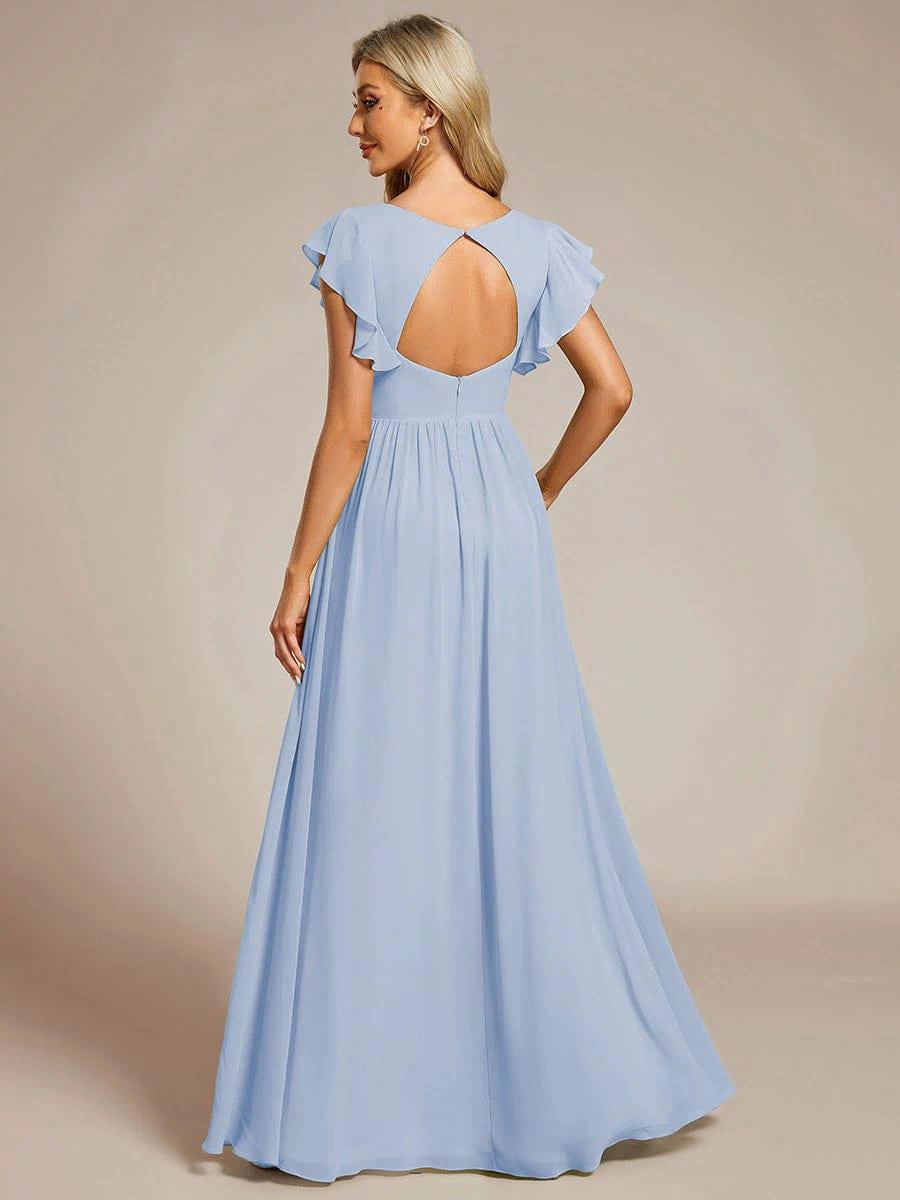 Elegant V-Neck Open Back Chiffon Bridesmaid Dress with Ruffled Sleeves #color_Ice Blue