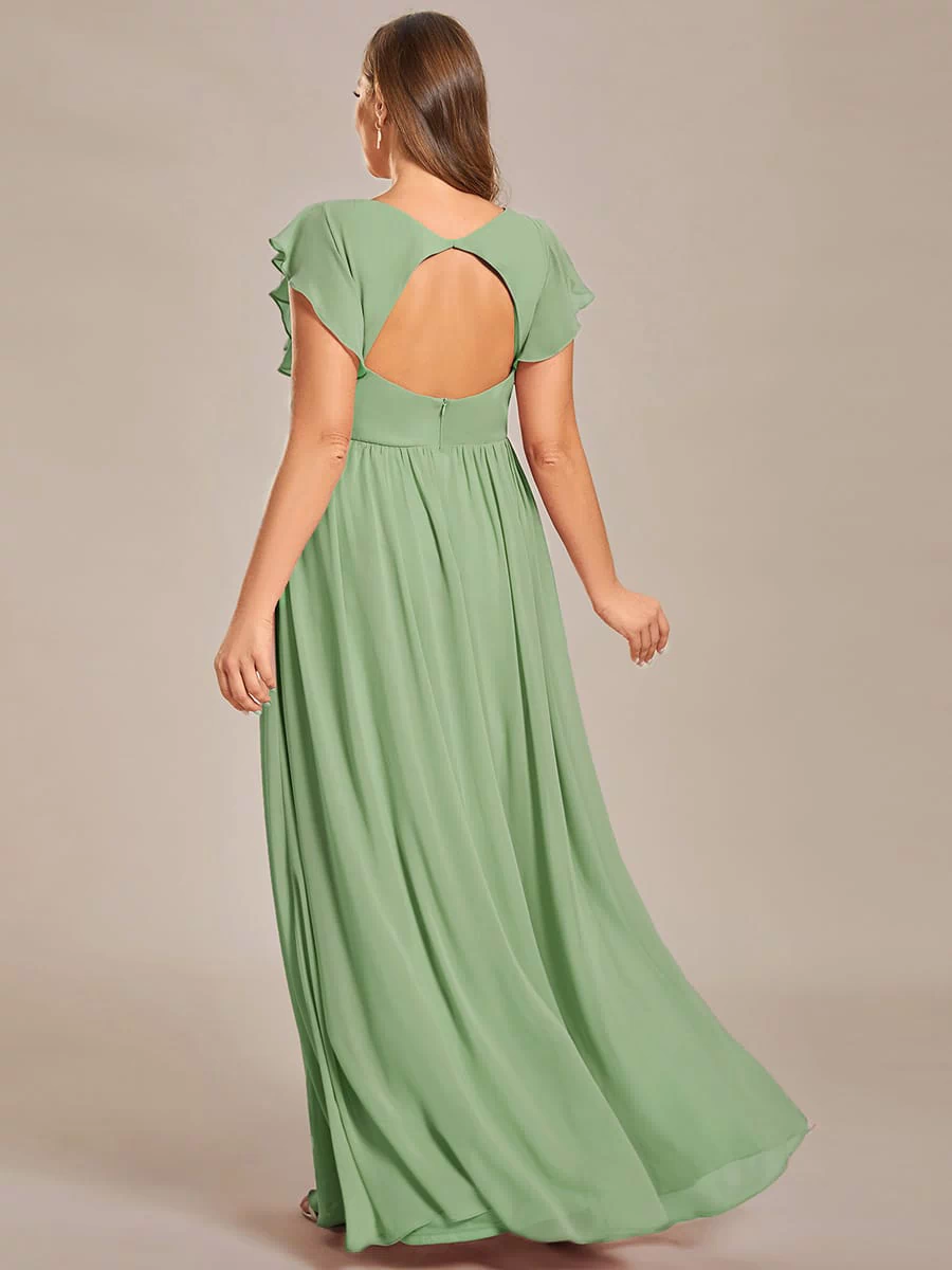 Elegant V-Neck Open Back Chiffon Bridesmaid Dress with Ruffled Sleeves #color_Sage Green