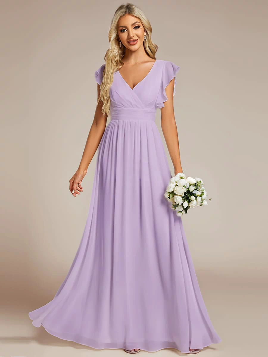 Elegant V-Neck Open Back Chiffon Bridesmaid Dress with Ruffled Sleeves #color_Frosted Lilac