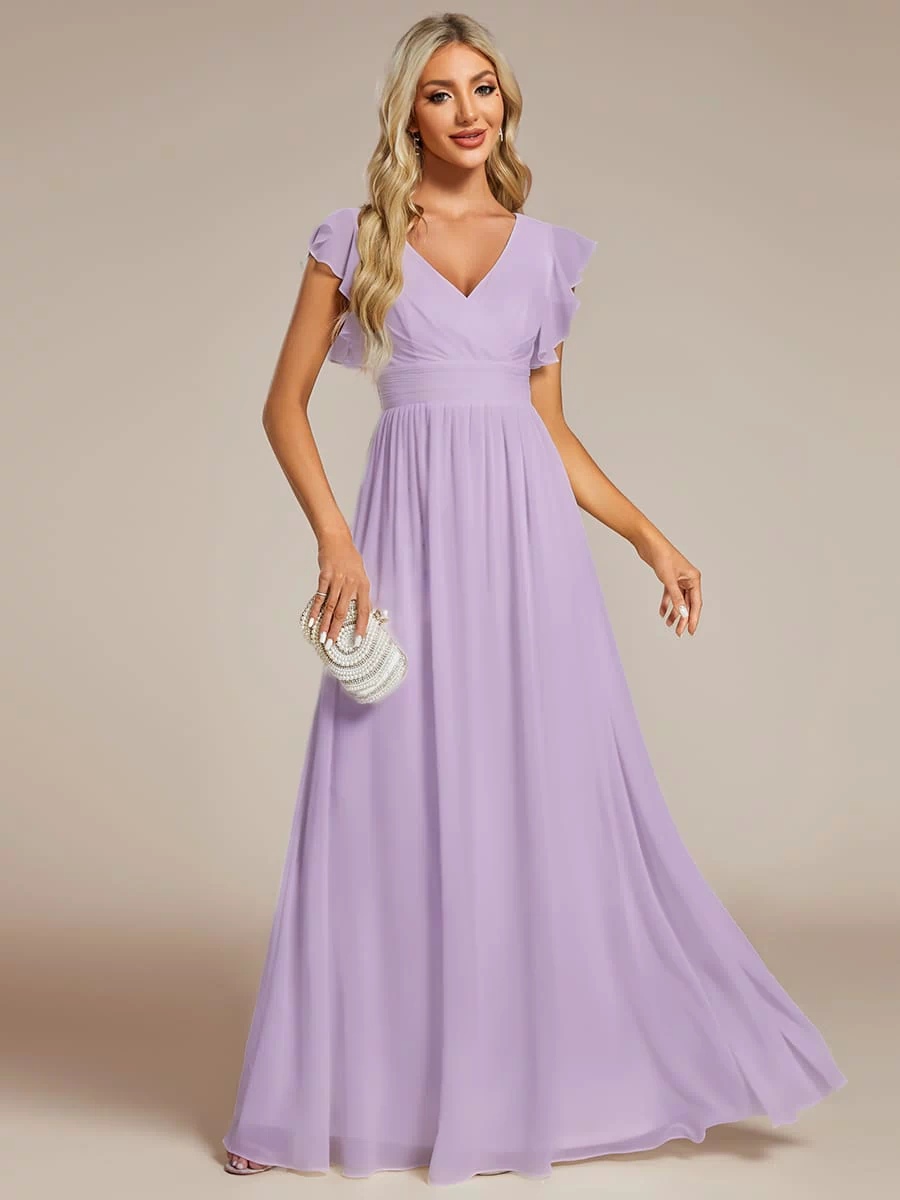 Elegant V-Neck Open Back Chiffon Bridesmaid Dress with Ruffled Sleeves #color_Frosted Lilac