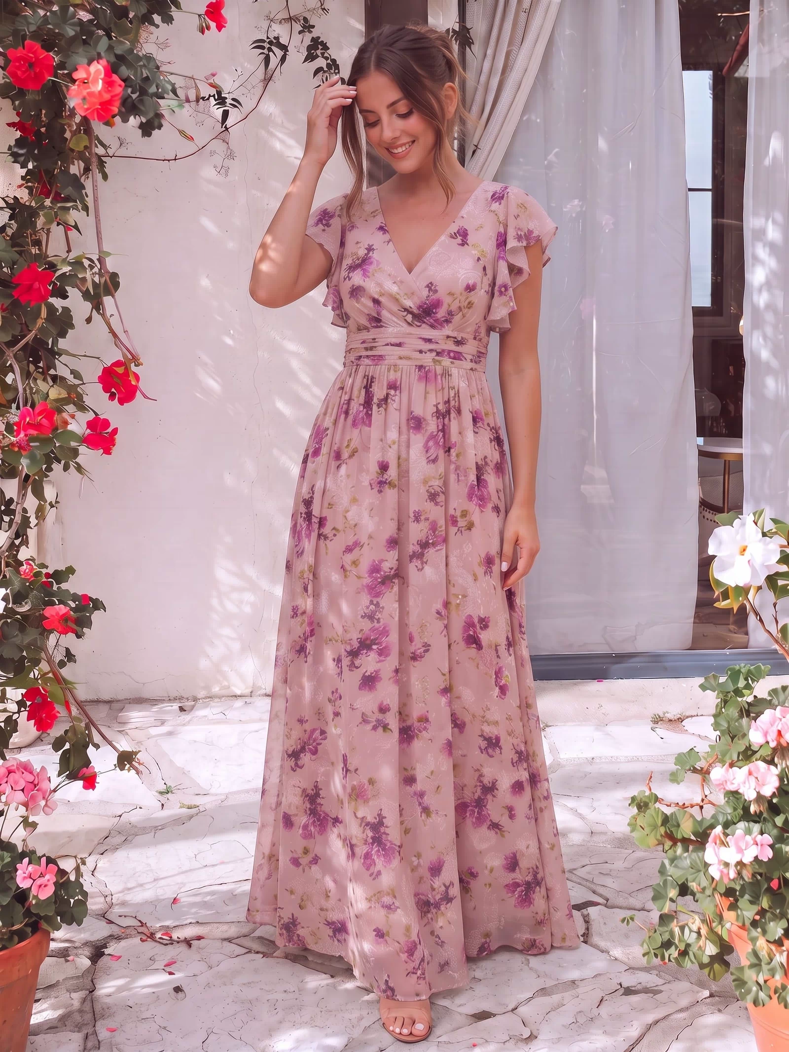 Elegant V-Neck Open Back Chiffon Bridesmaid Dress with Ruffled Sleeves #color_Light Purple Print