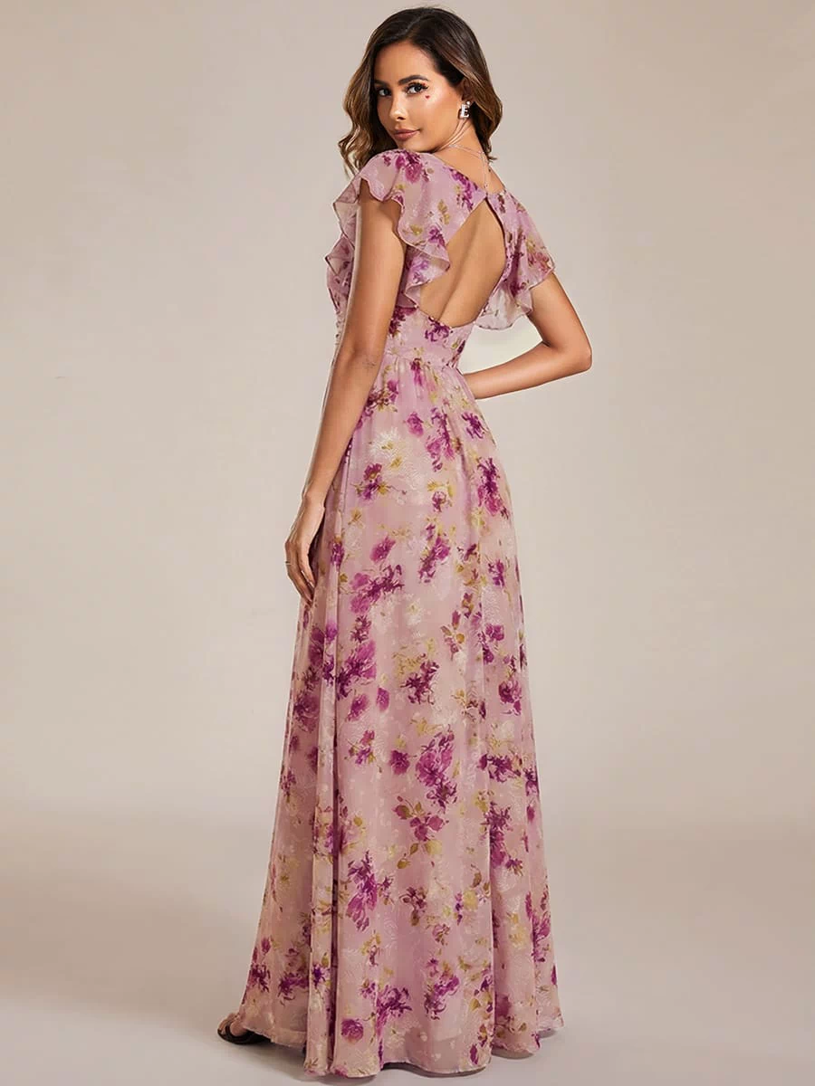 Elegant V-Neck Open Back Chiffon Bridesmaid Dress with Ruffled Sleeves #color_Light Purple Print