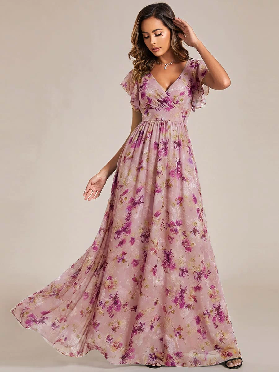 Elegant V-Neck Open Back Chiffon Bridesmaid Dress with Ruffled Sleeves #color_Light Purple Print