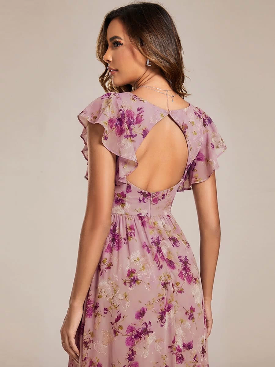 Elegant V-Neck Open Back Chiffon Bridesmaid Dress with Ruffled Sleeves #color_Light Purple Print