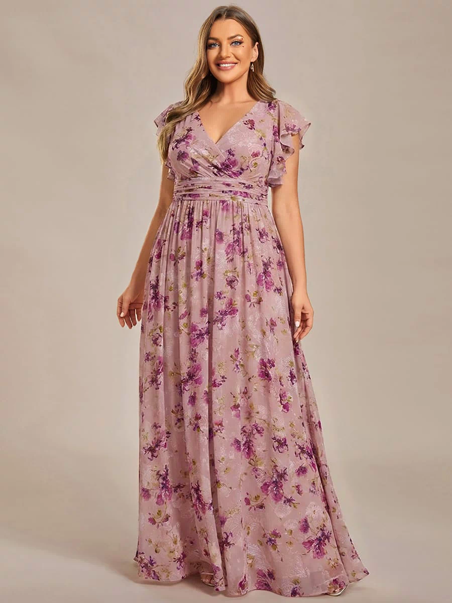 Elegant V-Neck Open Back Chiffon Bridesmaid Dress with Ruffled Sleeves #color_Light Purple Print