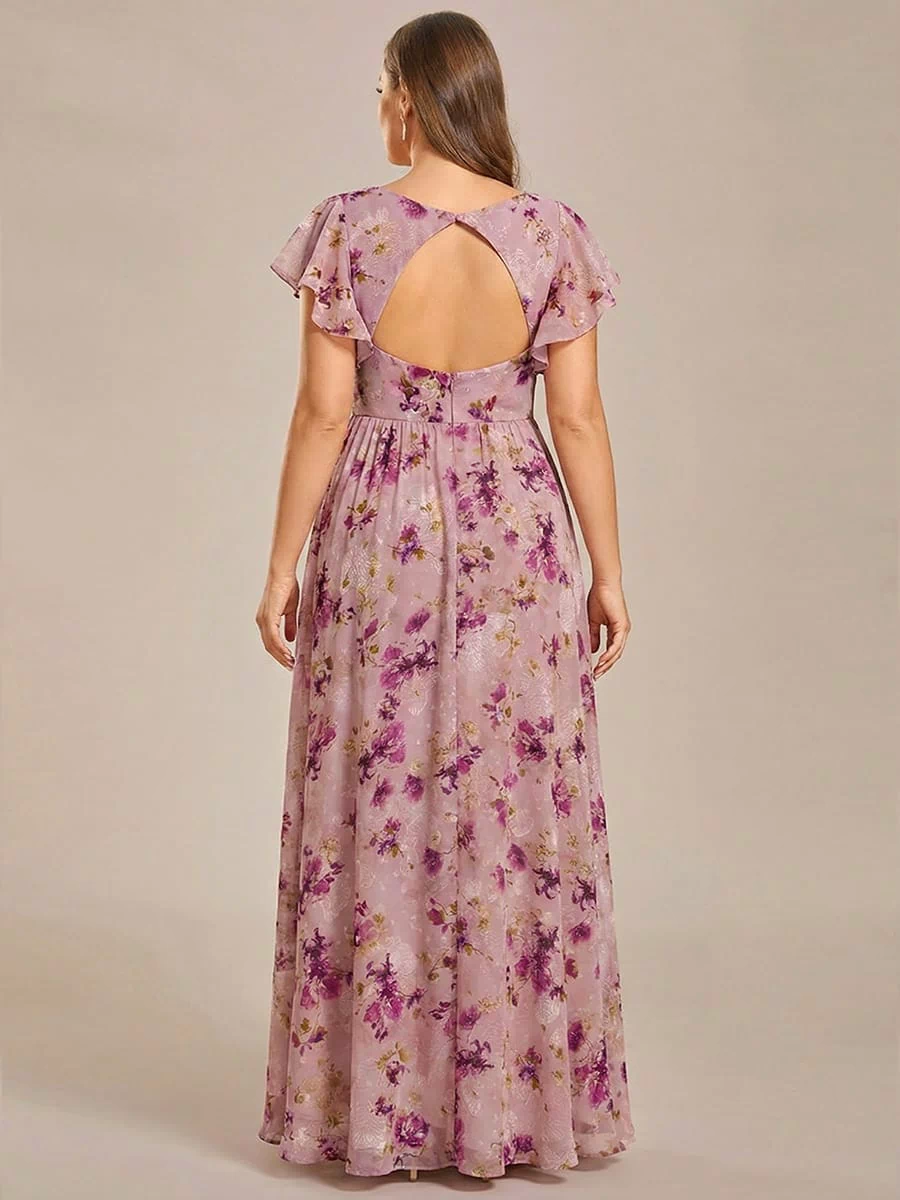 Elegant V-Neck Open Back Chiffon Bridesmaid Dress with Ruffled Sleeves #color_Light Purple Print