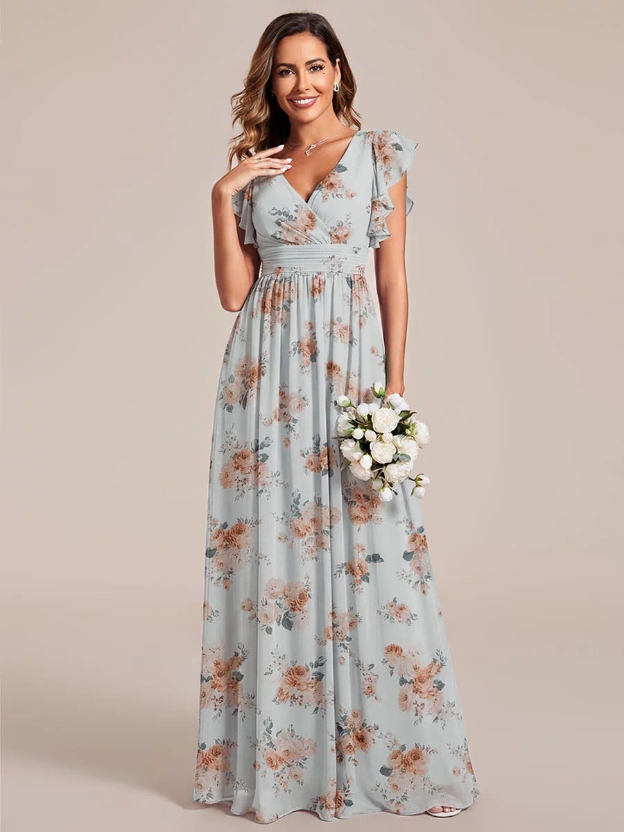 Elegant V-Neck Open Back Chiffon Bridesmaid Dress with Ruffled Sleeves #color_Amber Bloom