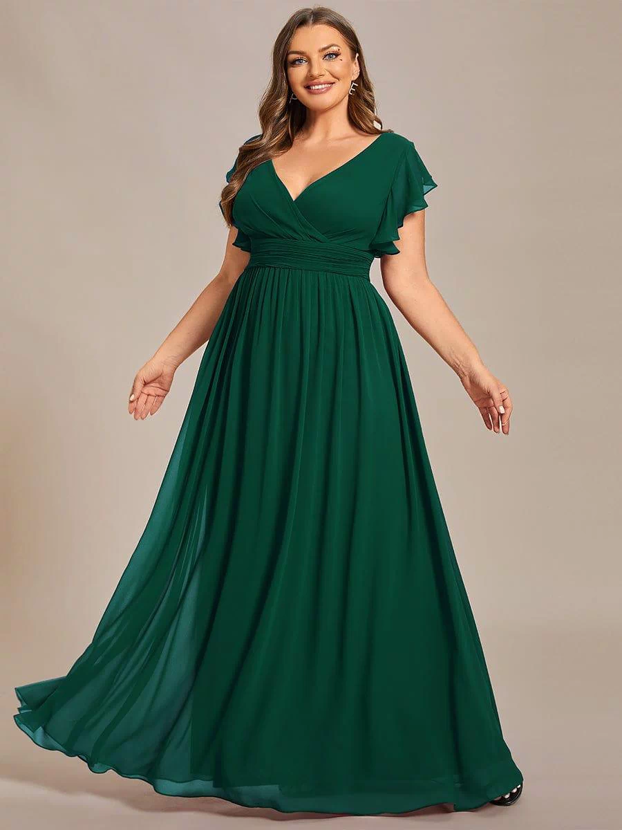 Elegant V-Neck Open Back Chiffon Bridesmaid Dress with Ruffled Sleeves #color_Dark Green