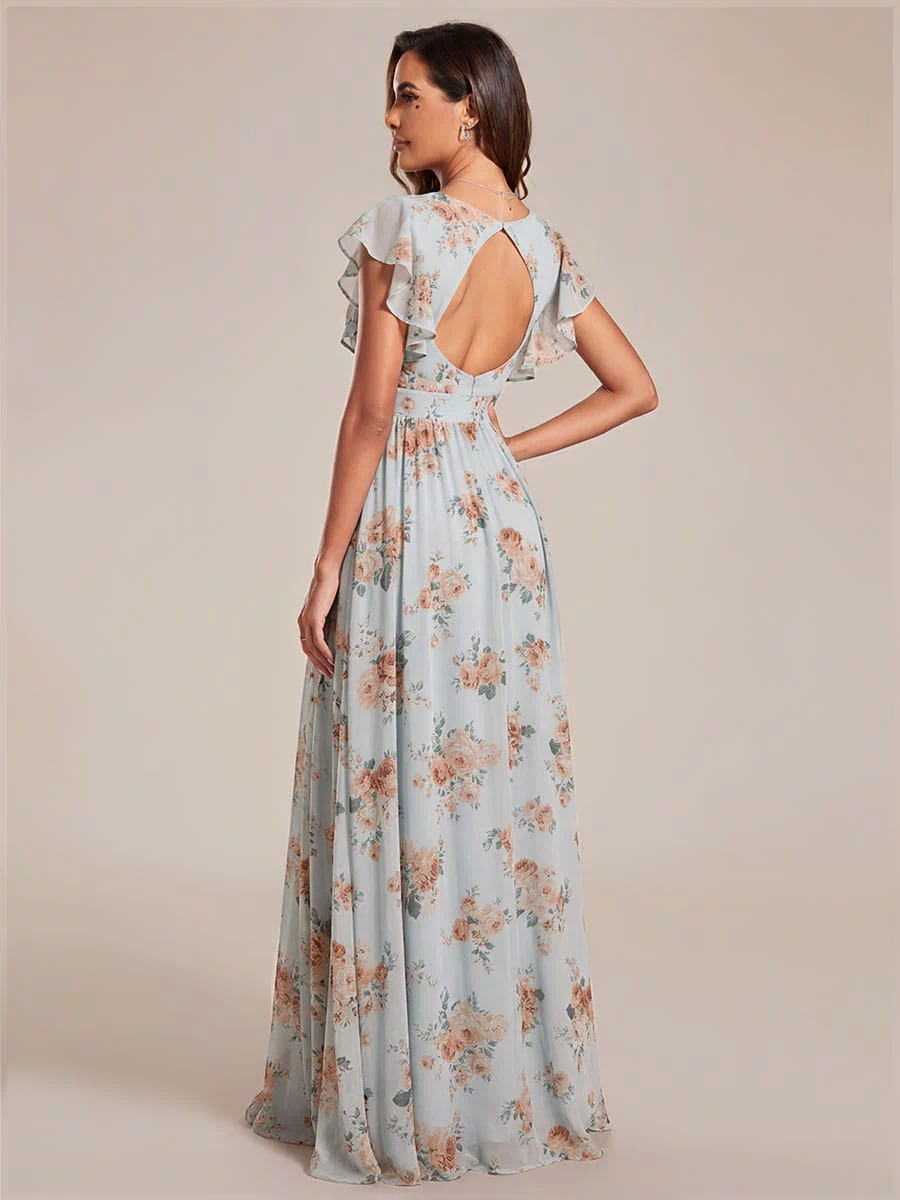 Elegant V-Neck Open Back Chiffon Bridesmaid Dress with Ruffled Sleeves #color_Amber Bloom