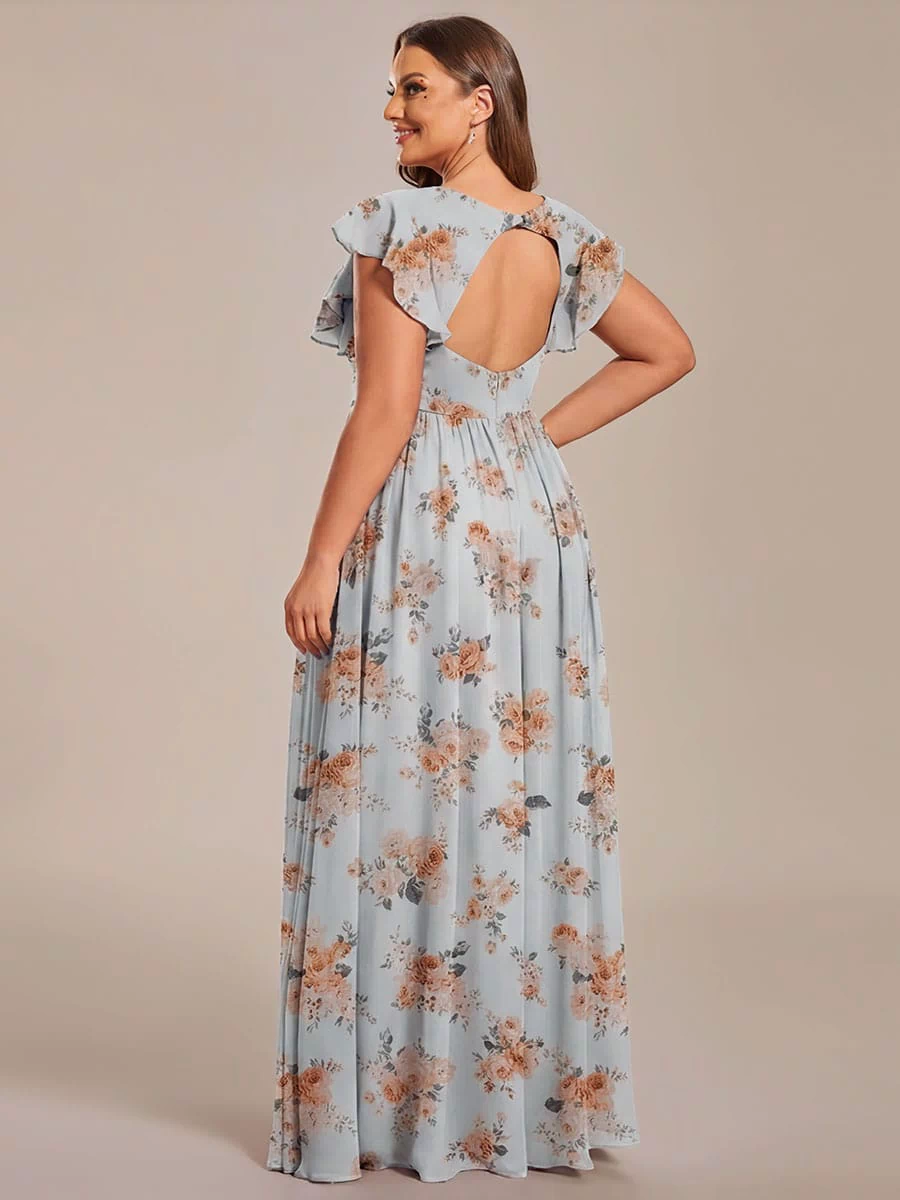Elegant V-Neck Open Back Chiffon Bridesmaid Dress with Ruffled Sleeves #color_Amber Bloom