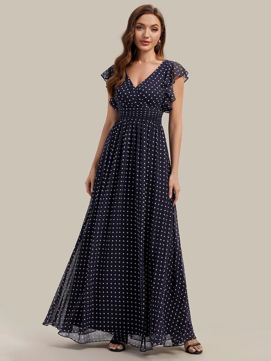 Elegant V-Neck Open Back Chiffon Bridesmaid Dress with Ruffled Sleeves #color_Navy Blue Polka Dots