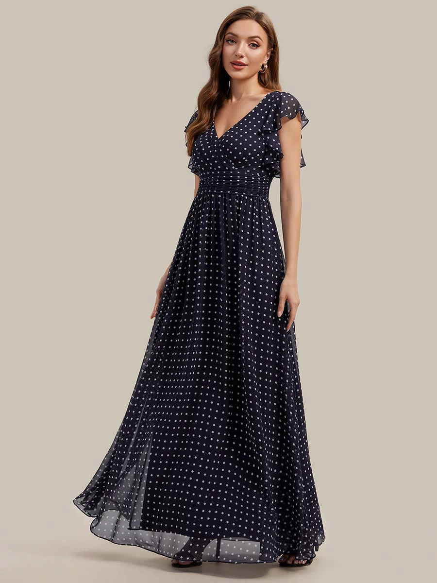 Elegant V-Neck Open Back Chiffon Bridesmaid Dress with Ruffled Sleeves #color_Navy Blue Polka Dots