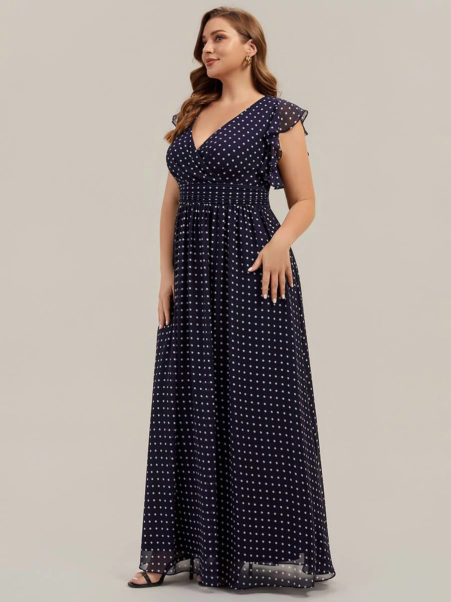 Elegant V-Neck Open Back Chiffon Bridesmaid Dress with Ruffled Sleeves #color_Navy Blue Polka Dots