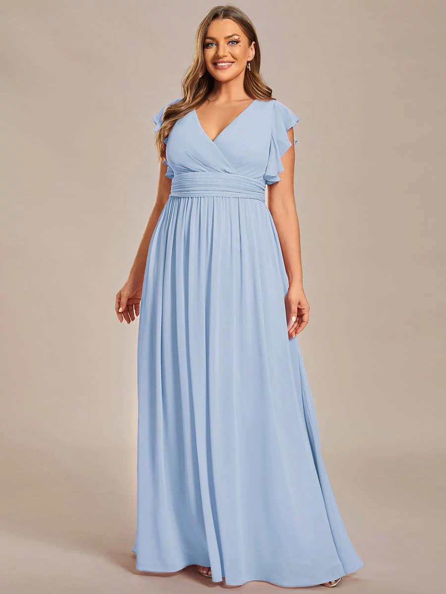 Elegant V-Neck Open Back Chiffon Bridesmaid Dress with Ruffled Sleeves #color_Ice Blue