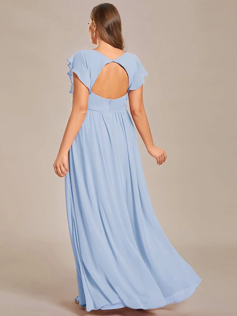 Elegant V-Neck Open Back Chiffon Bridesmaid Dress with Ruffled Sleeves #color_Ice Blue