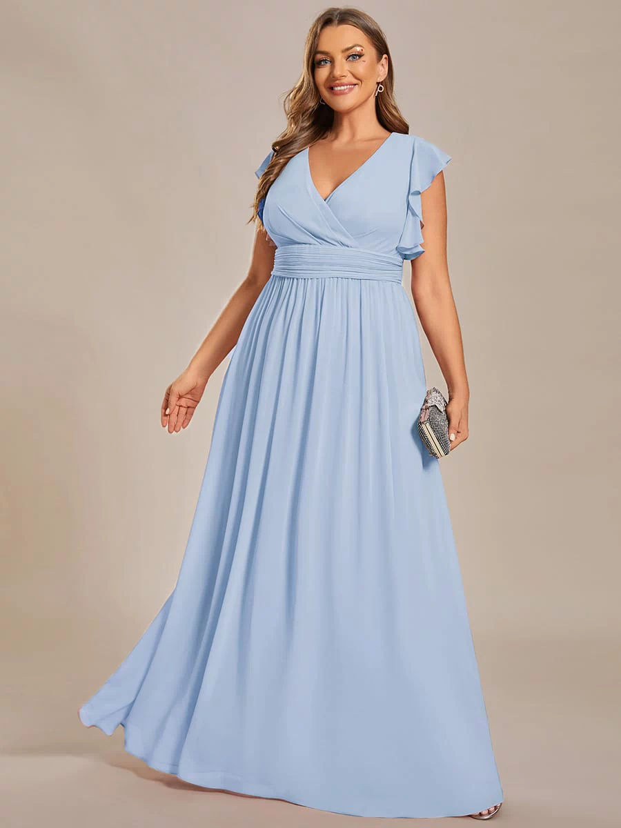 Elegant V-Neck Open Back Chiffon Bridesmaid Dress with Ruffled Sleeves #color_Ice Blue