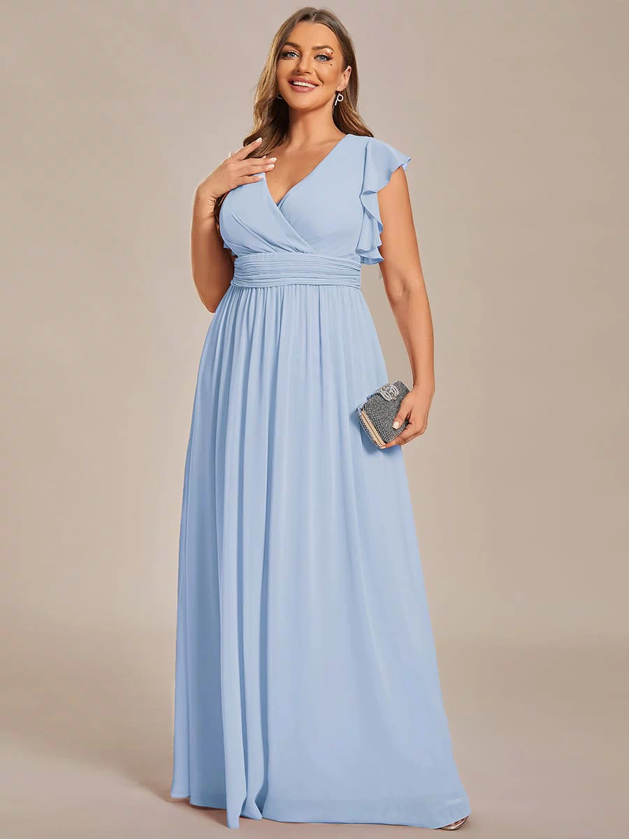 Elegant V-Neck Open Back Chiffon Bridesmaid Dress with Ruffled Sleeves #color_Ice Blue