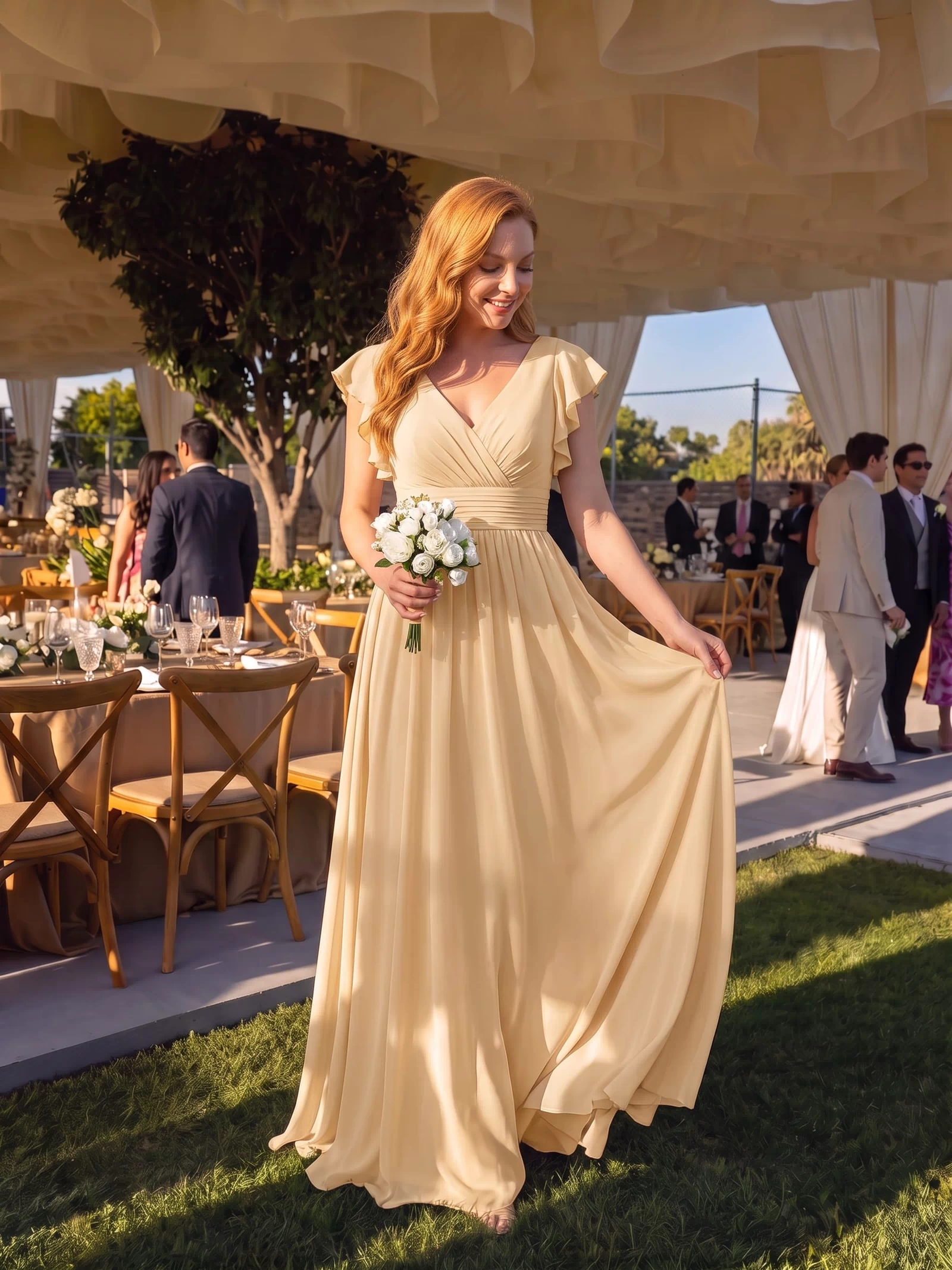 Elegant V-Neck Open Back Chiffon Bridesmaid Dress with Ruffled Sleeves #color_Yellow