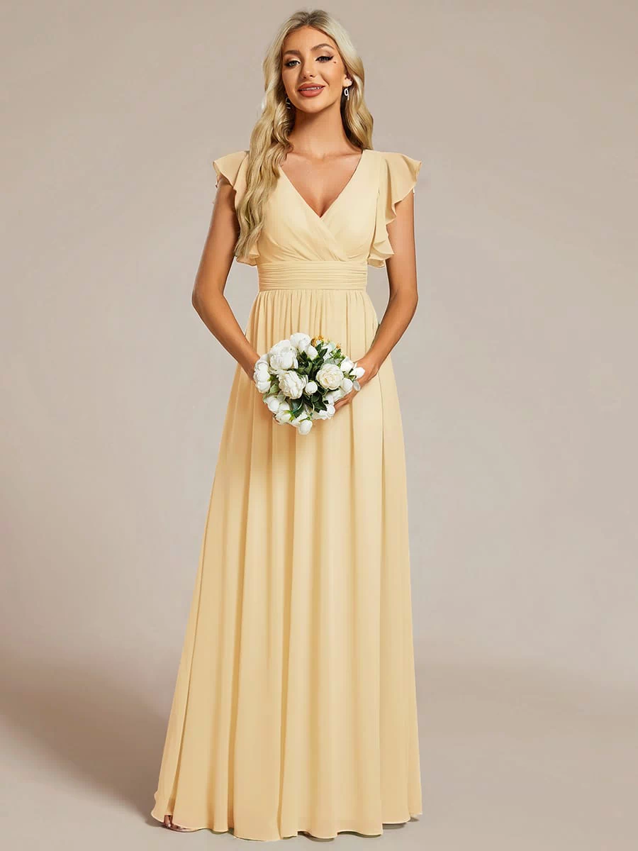 Elegant V-Neck Open Back Chiffon Bridesmaid Dress with Ruffled Sleeves #color_Yellow