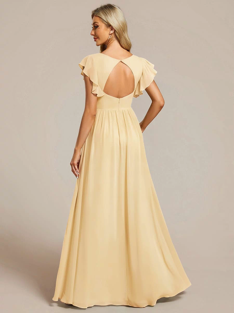 Elegant V-Neck Open Back Chiffon Bridesmaid Dress with Ruffled Sleeves #color_Yellow