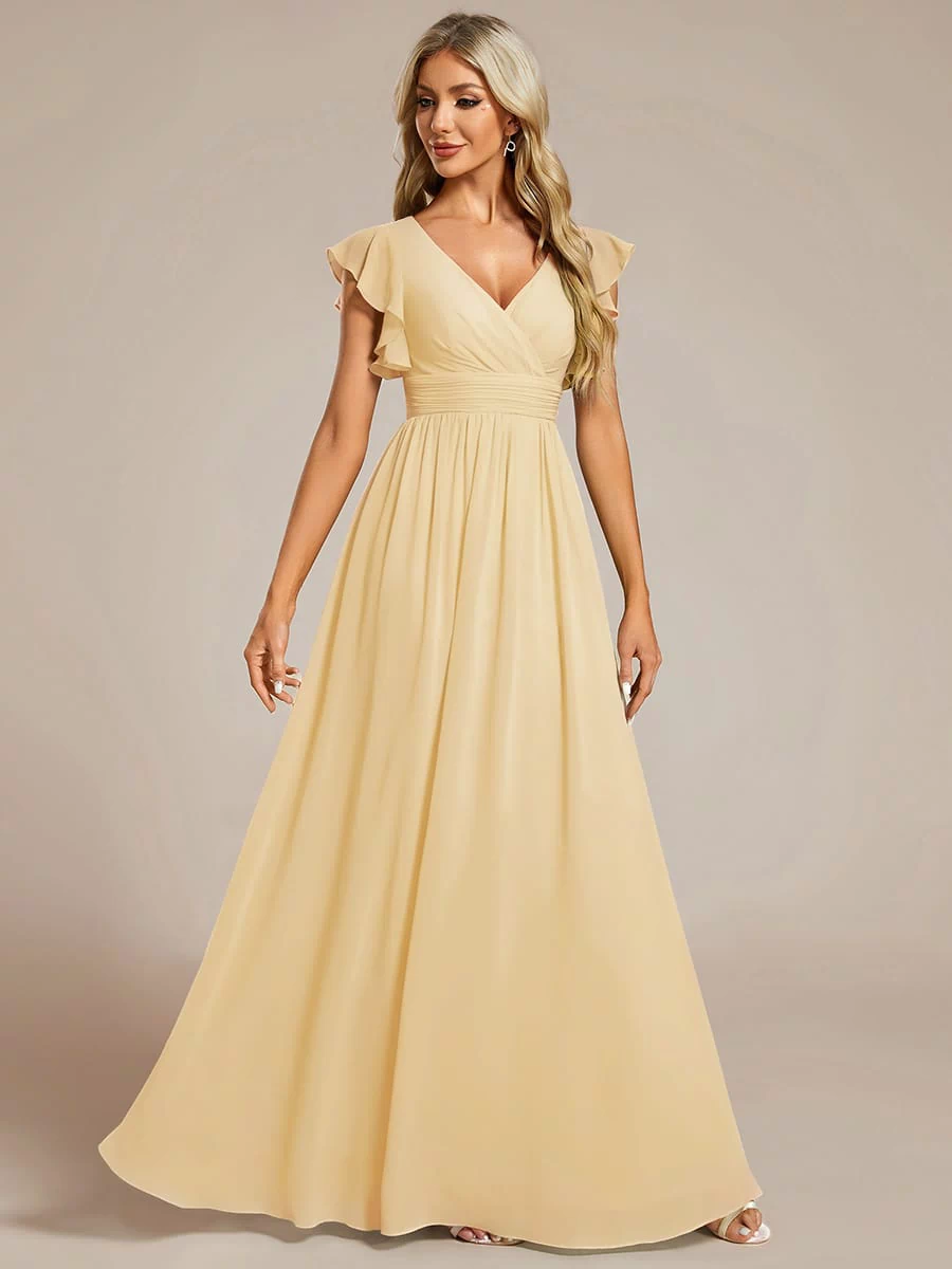 Elegant V-Neck Open Back Chiffon Bridesmaid Dress with Ruffled Sleeves #color_Yellow