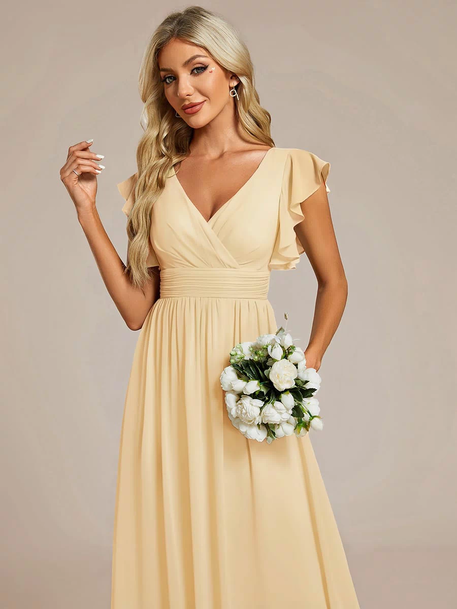 Elegant V-Neck Open Back Chiffon Bridesmaid Dress with Ruffled Sleeves #color_Yellow