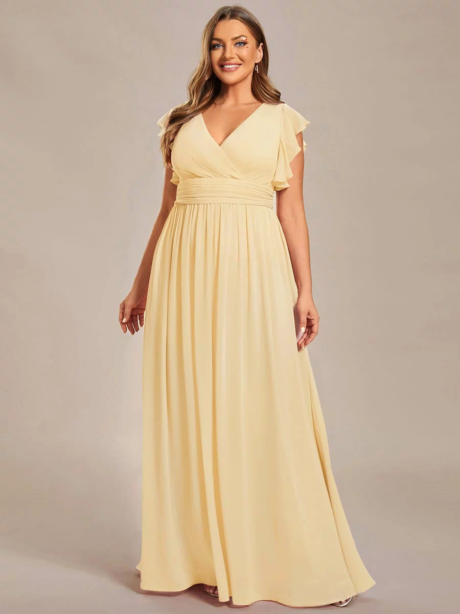 Elegant V-Neck Open Back Chiffon Bridesmaid Dress with Ruffled Sleeves #color_Yellow