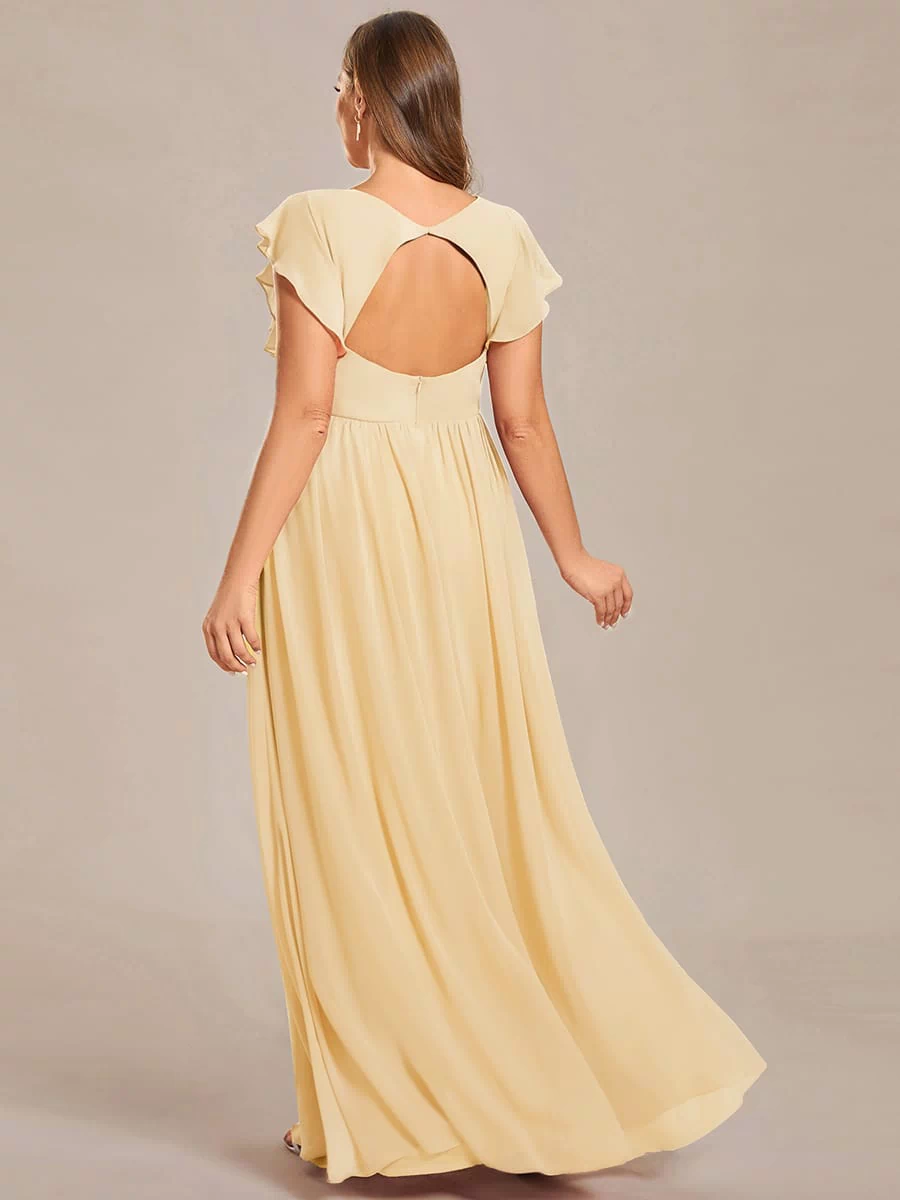 Elegant V-Neck Open Back Chiffon Bridesmaid Dress with Ruffled Sleeves #color_Yellow