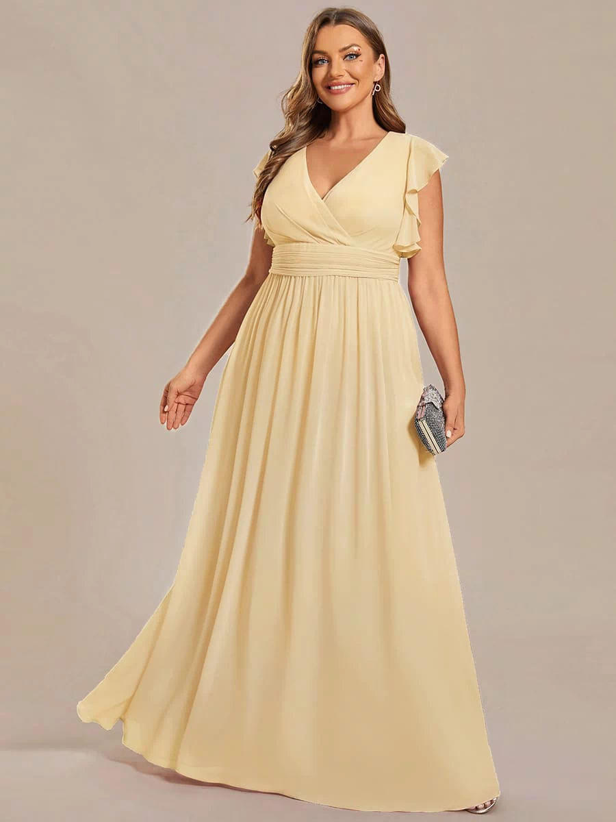 Elegant V-Neck Open Back Chiffon Bridesmaid Dress with Ruffled Sleeves #color_Yellow