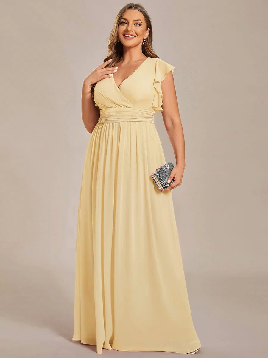 Elegant V-Neck Open Back Chiffon Bridesmaid Dress with Ruffled Sleeves #color_Yellow