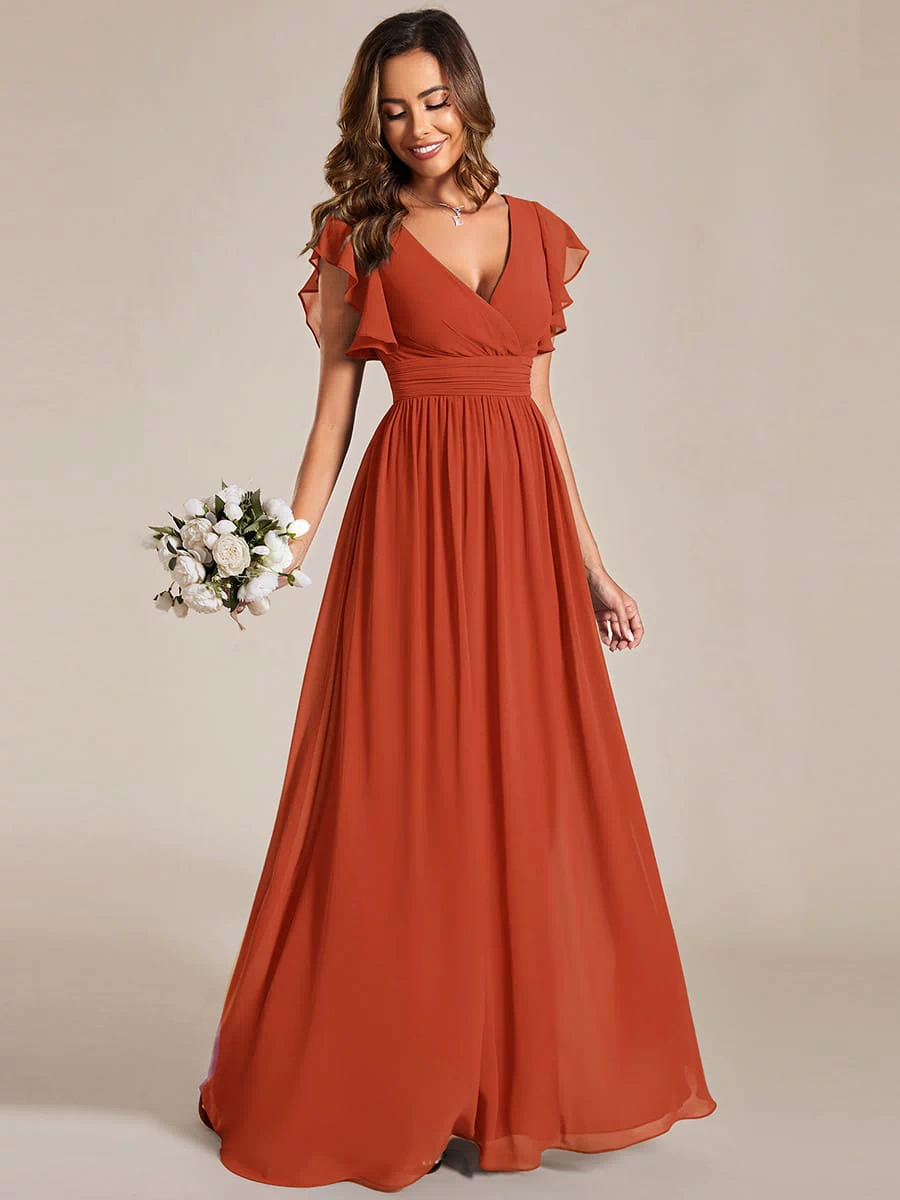 Elegant V-Neck Open Back Chiffon Bridesmaid Dress with Ruffled Sleeves #color_Burnt Orange