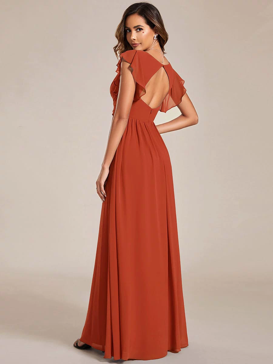 Elegant V-Neck Open Back Chiffon Bridesmaid Dress with Ruffled Sleeves #color_Burnt Orange