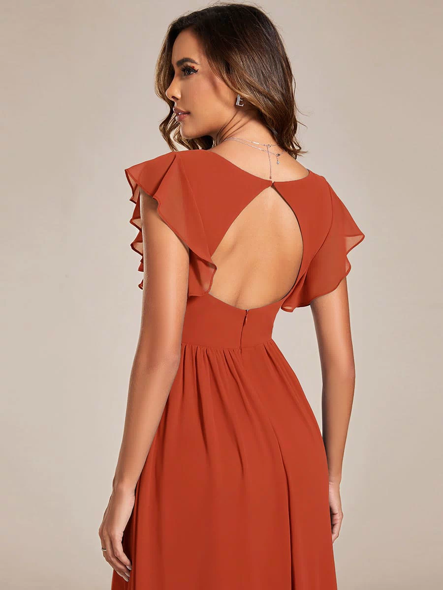 Elegant V-Neck Open Back Chiffon Bridesmaid Dress with Ruffled Sleeves #color_Burnt Orange