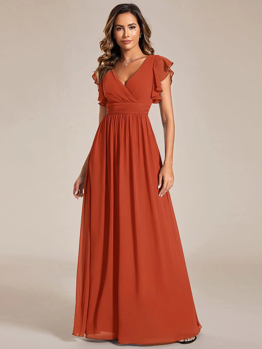 Elegant V-Neck Open Back Chiffon Bridesmaid Dress with Ruffled Sleeves #color_Burnt Orange