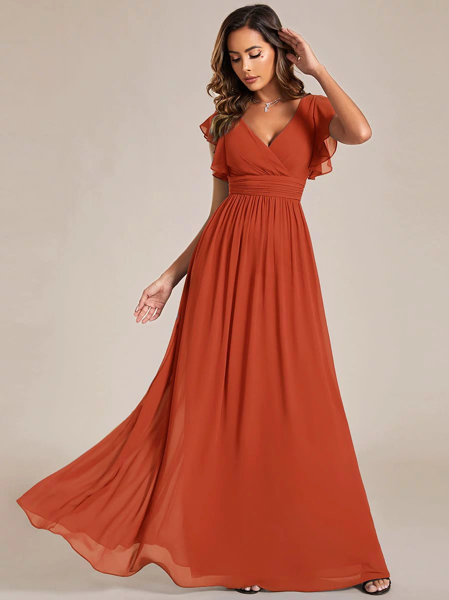 Elegant V-Neck Open Back Chiffon Bridesmaid Dress with Ruffled Sleeves #color_Burnt Orange