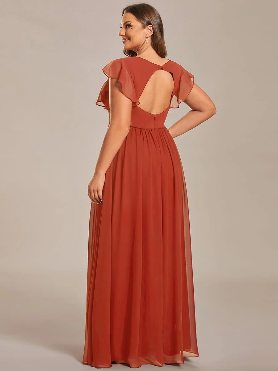 Elegant V-Neck Open Back Chiffon Bridesmaid Dress with Ruffled Sleeves #color_Burnt Orange