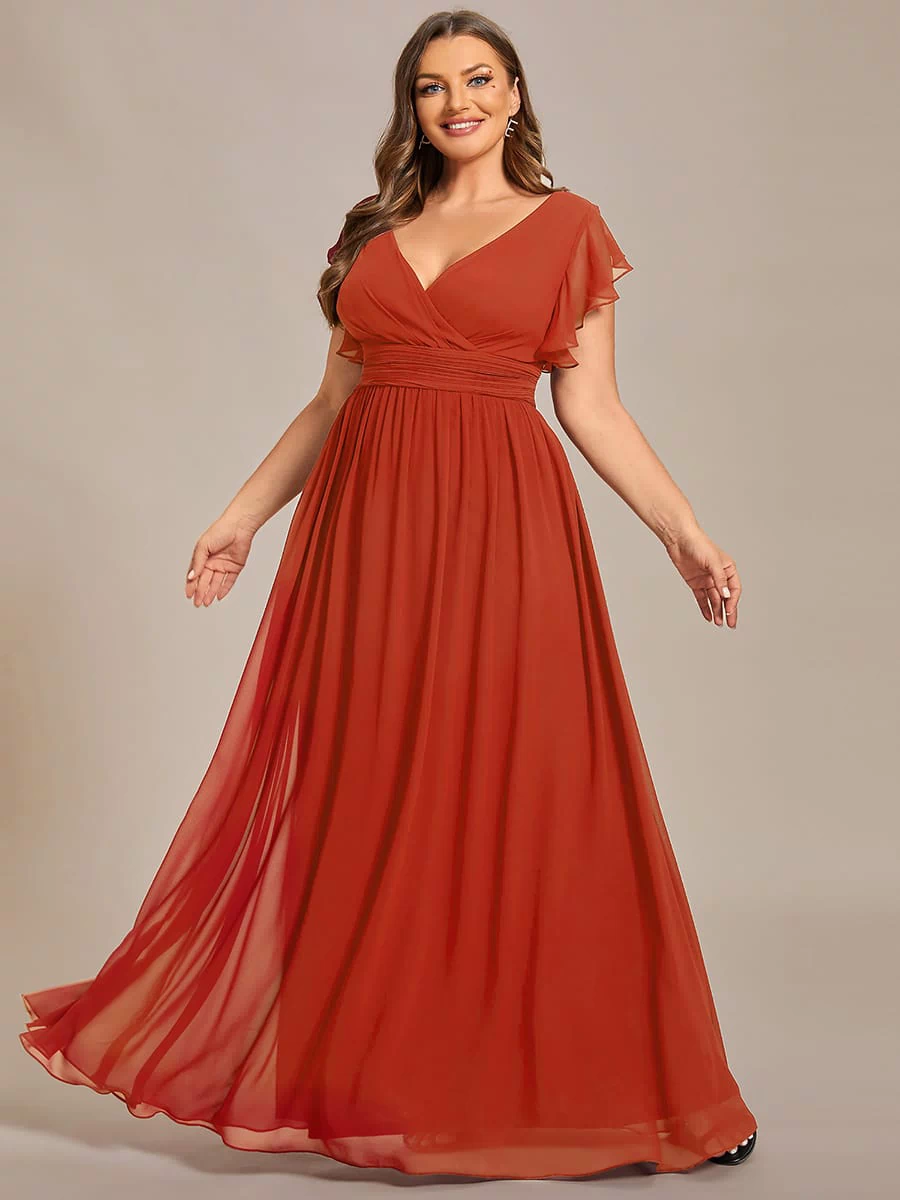 Elegant V-Neck Open Back Chiffon Bridesmaid Dress with Ruffled Sleeves #color_Burnt Orange